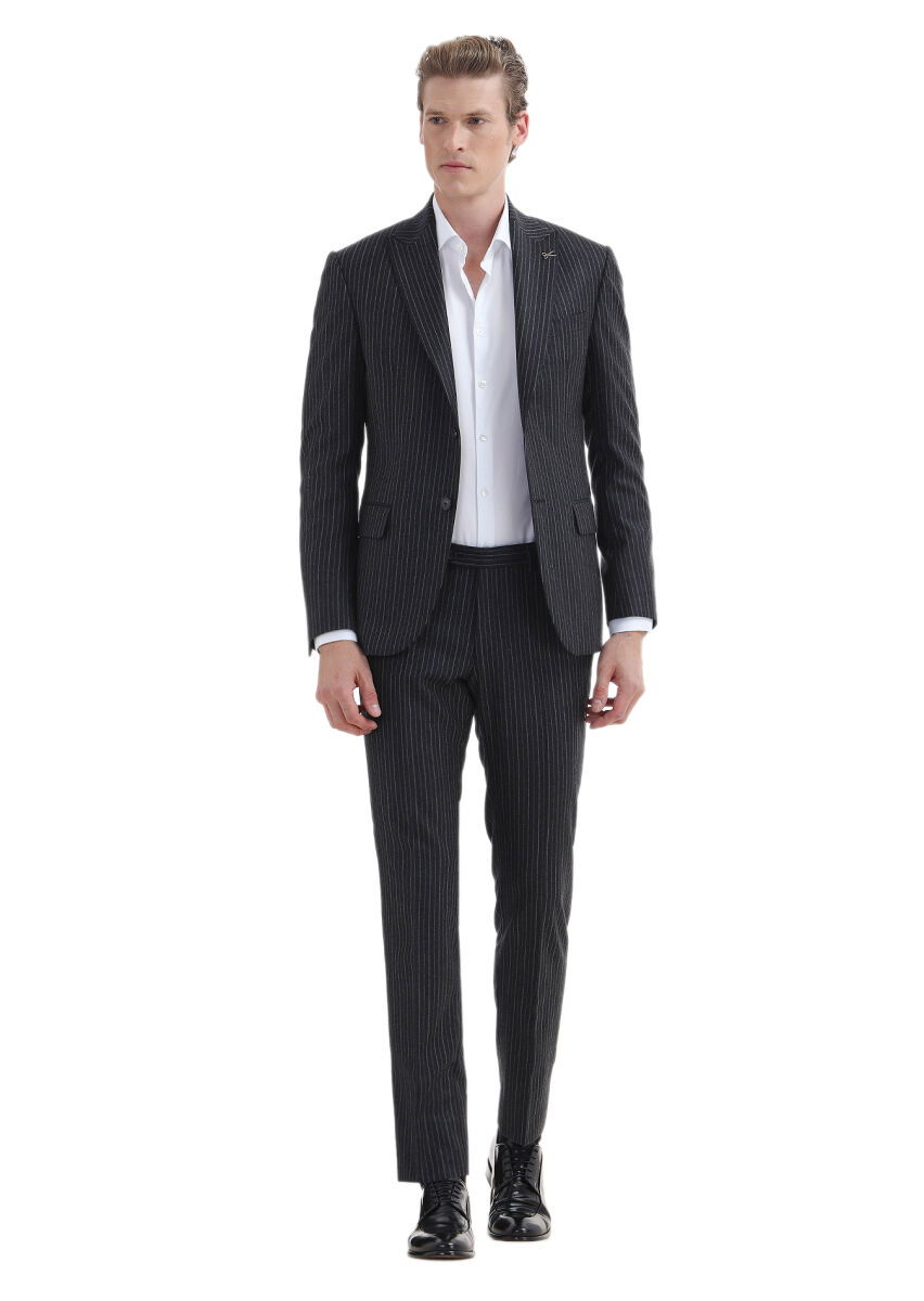 Antrasit Çizgili Zeroweight Slim Fit %100 Yün Takım Elbise - 1