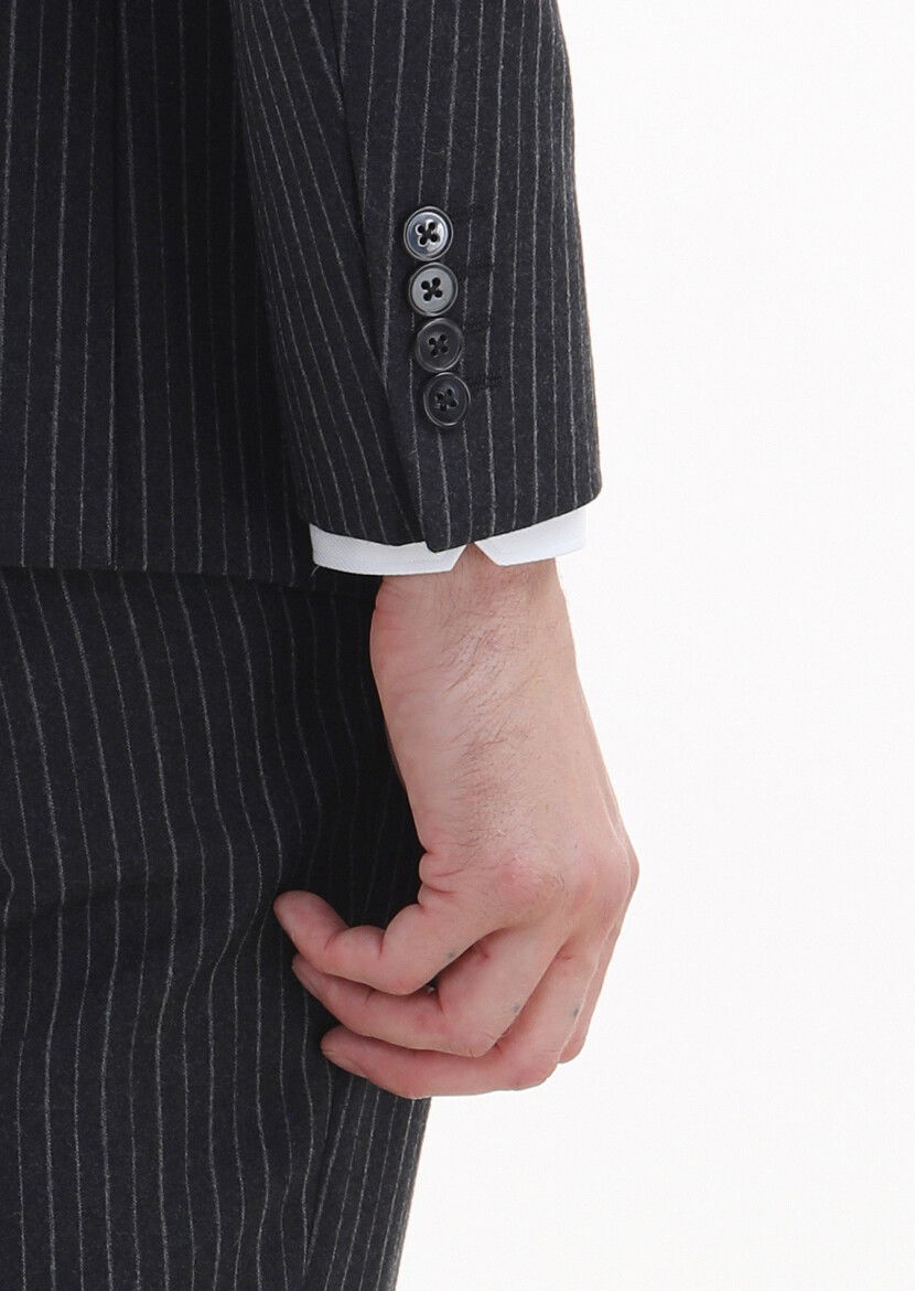 Antrasit Çizgili Zeroweight Slim Fit %100 Yün Takım Elbise - 4