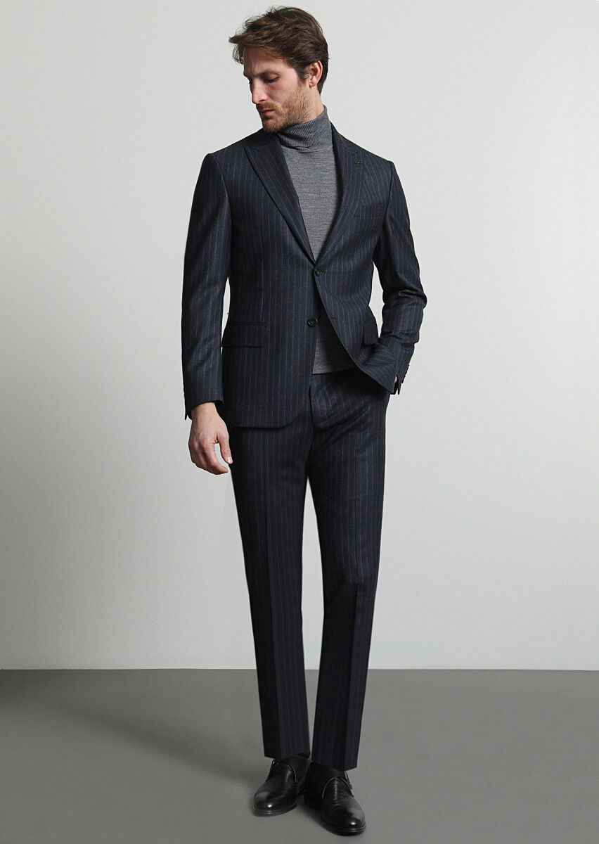 Antrasit Çizgili Zeroweight Slim Fit Yün Karışımlı Takım Elbise - 1