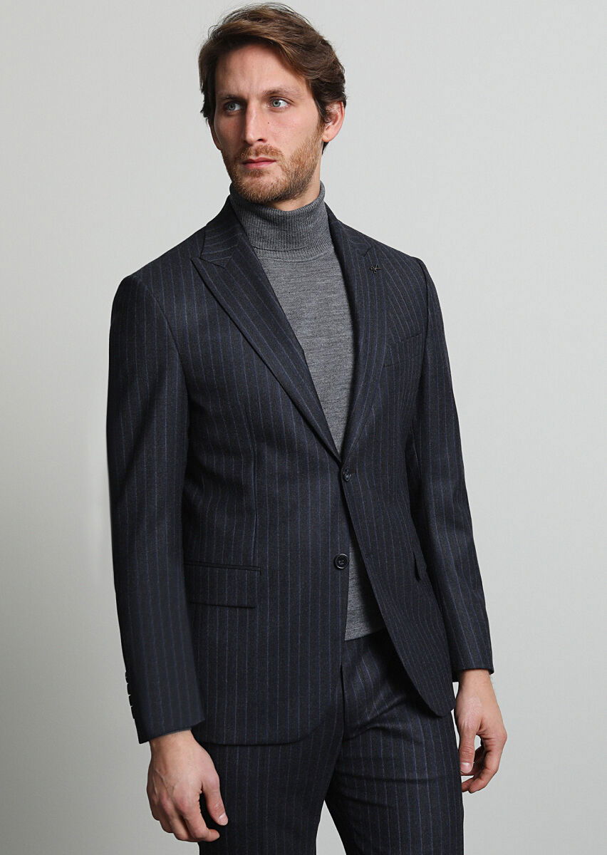 Antrasit Çizgili Zeroweight Slim Fit Yün Karışımlı Takım Elbise - 3
