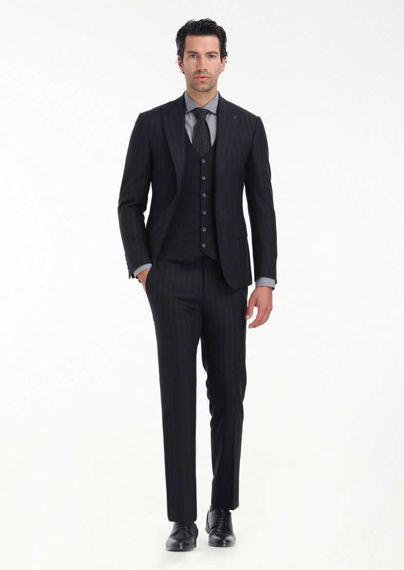 Antrasit Çizgili Zeroweight Slim Fit Yün Karışımlı Takım Elbise - 1
