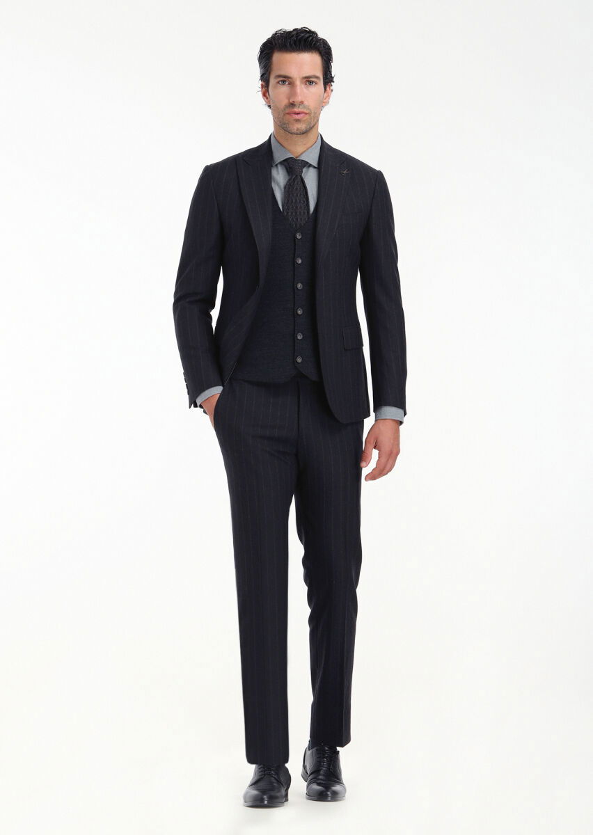 Antrasit Çizgili Zeroweight Slim Fit Yün Karışımlı Takım Elbise - 1