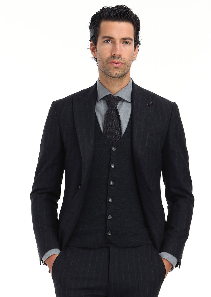 Antrasit Çizgili Zeroweight Slim Fit Yün Karışımlı Takım Elbise - 2