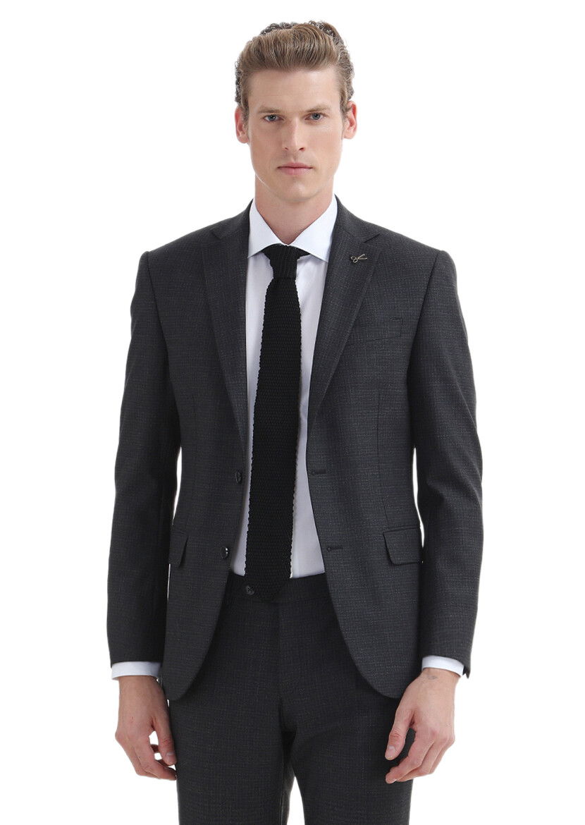 Antrasit Desenli Modern Fit Yün Karışımlı Takım Elbise - 2
