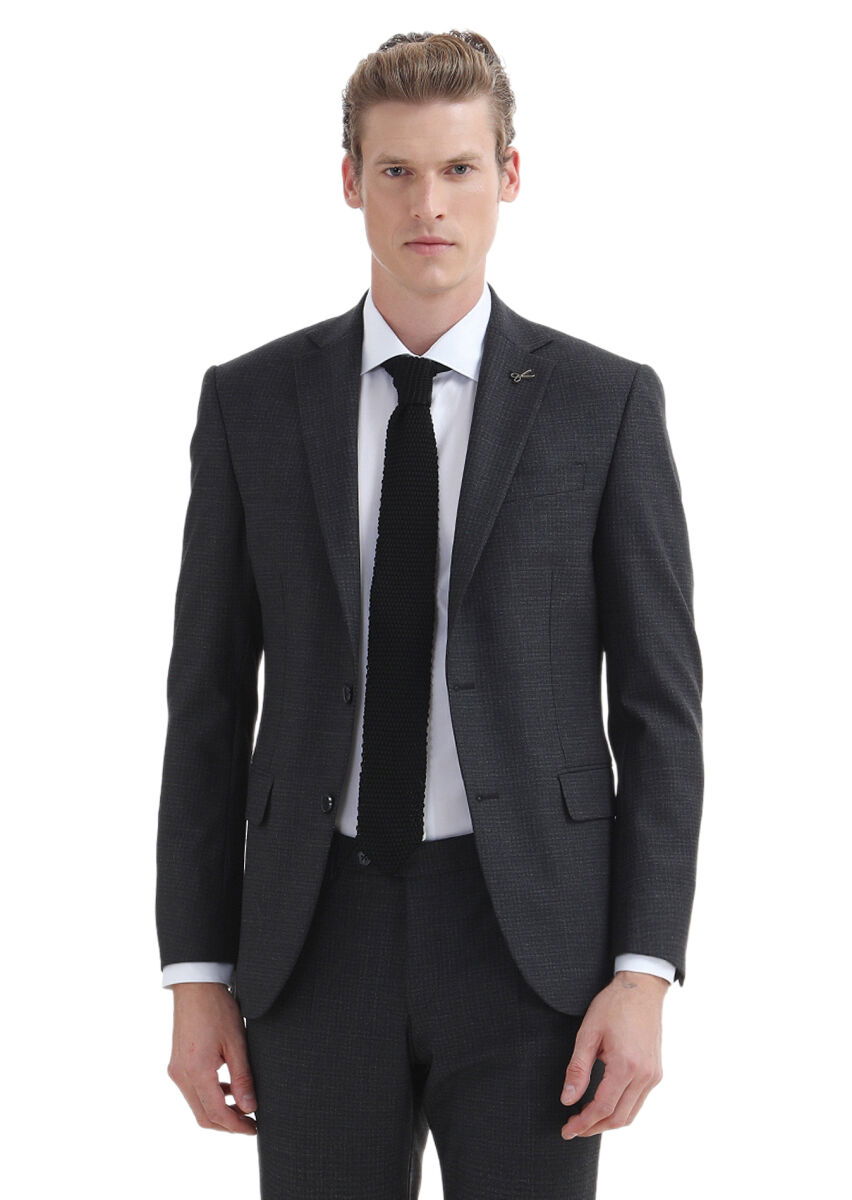 Antrasit Desenli Modern Fit Yün Karışımlı Takım Elbise - 2