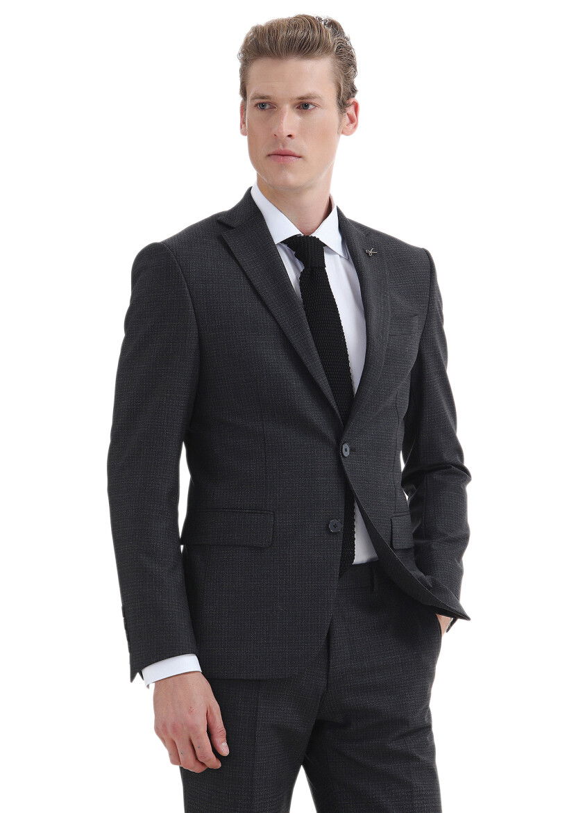 Antrasit Desenli Modern Fit Yün Karışımlı Takım Elbise - 3