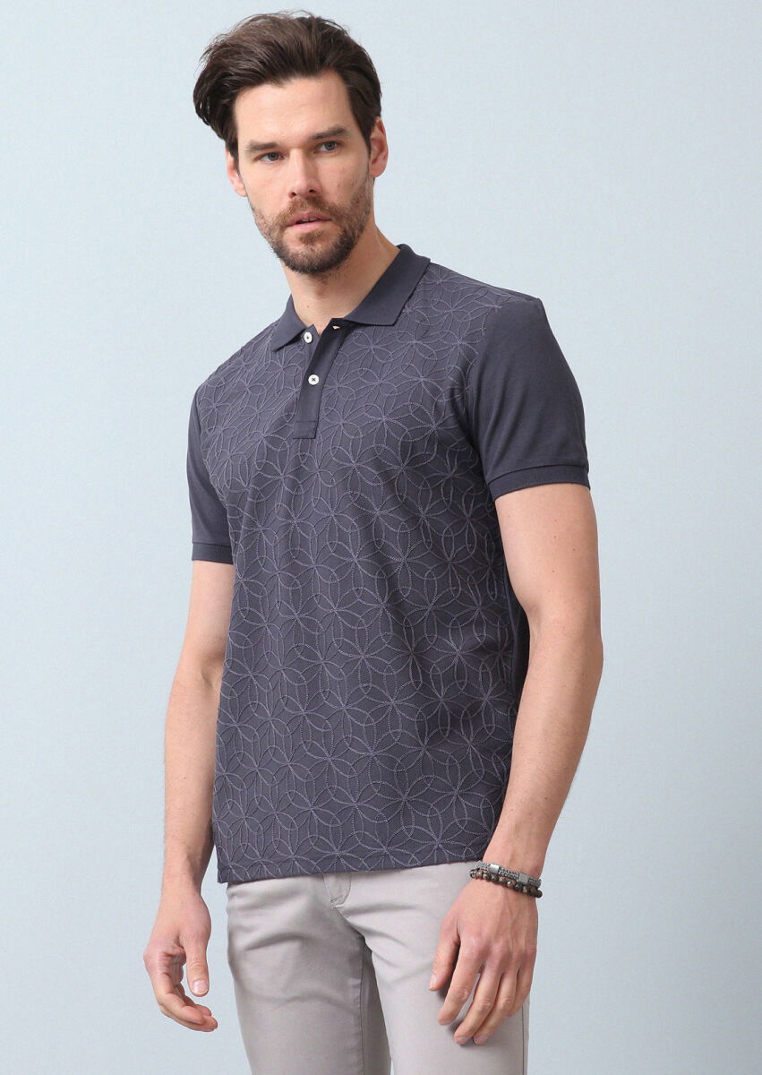 Antrasit Desenli Polo Yaka %100 Pamuk T-Shirt - 3