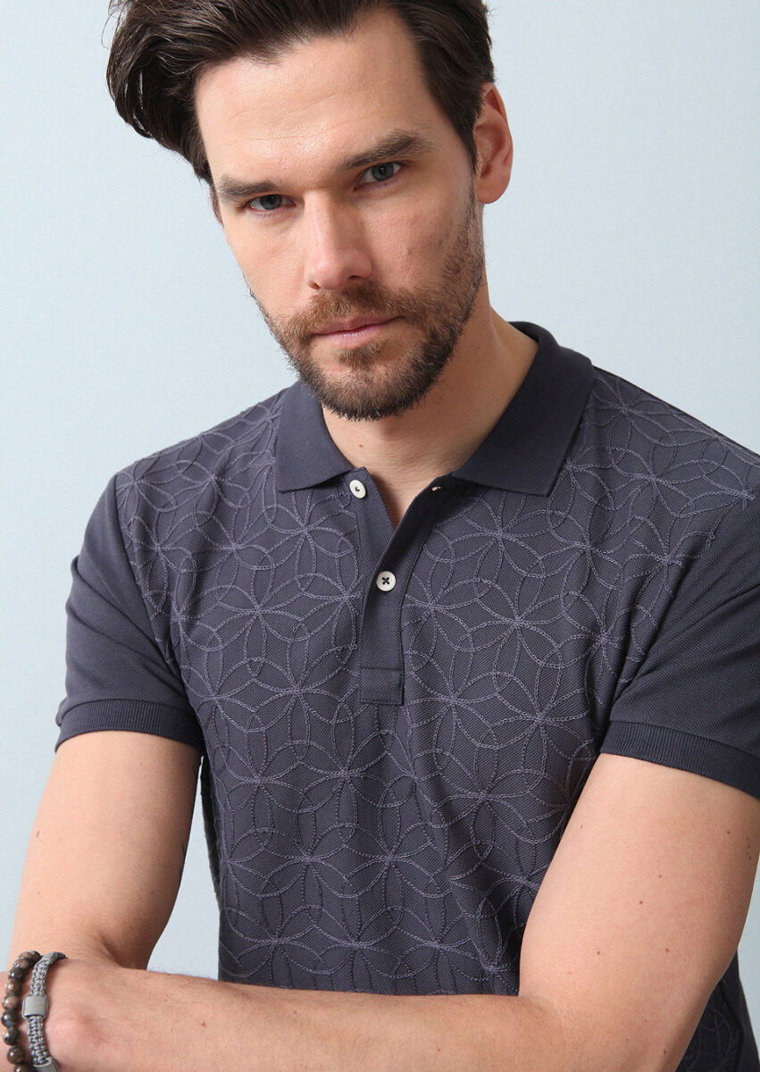 Antrasit Desenli Polo Yaka %100 Pamuk T-Shirt - 4