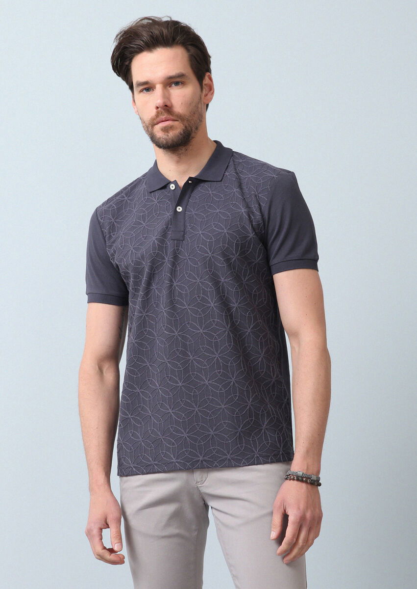 Antrasit Desenli Polo Yaka %100 Pamuk T-Shirt - 5