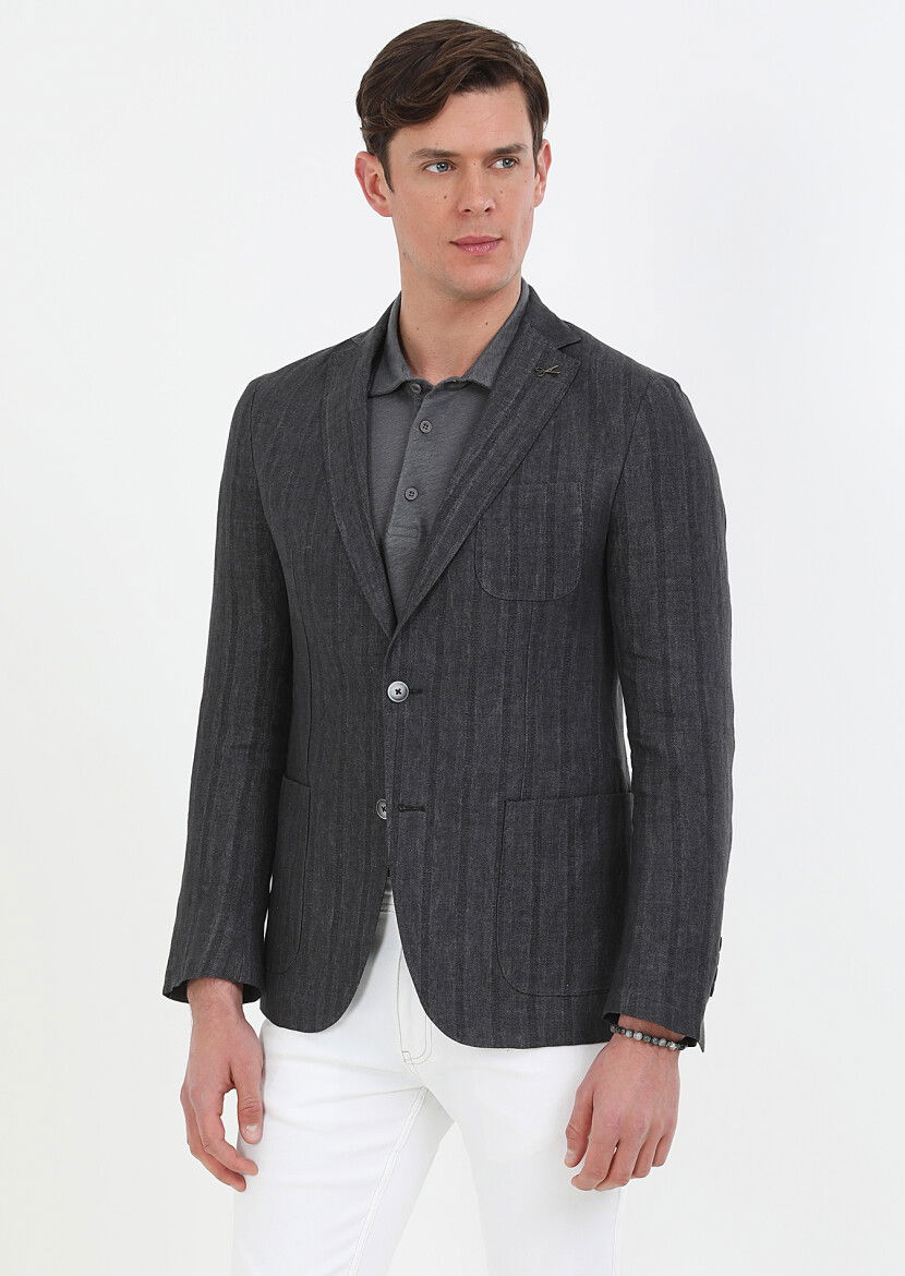 Antrasit Desenli Shirt Shoulder Slim Fit %100 Keten Ceket - 1