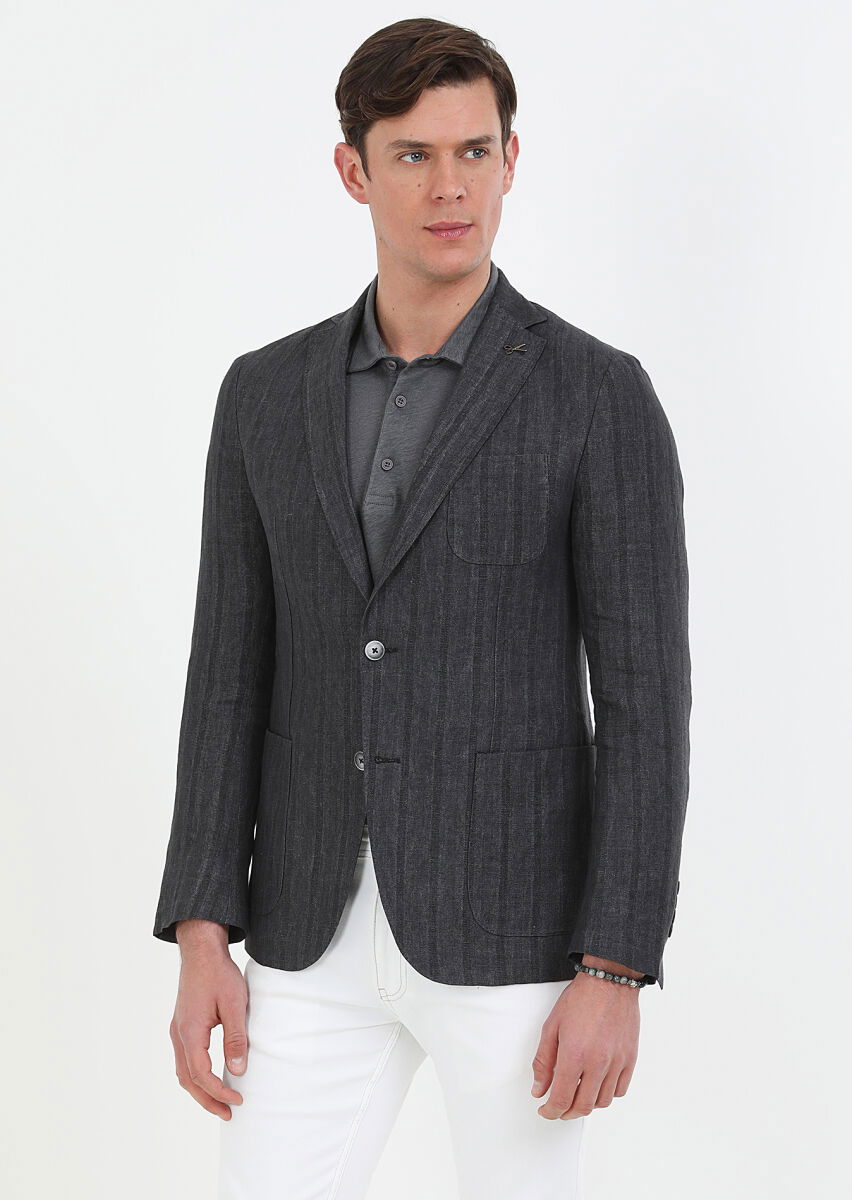 Antrasit Desenli Shirt Shoulder Slim Fit %100 Keten Ceket - 1