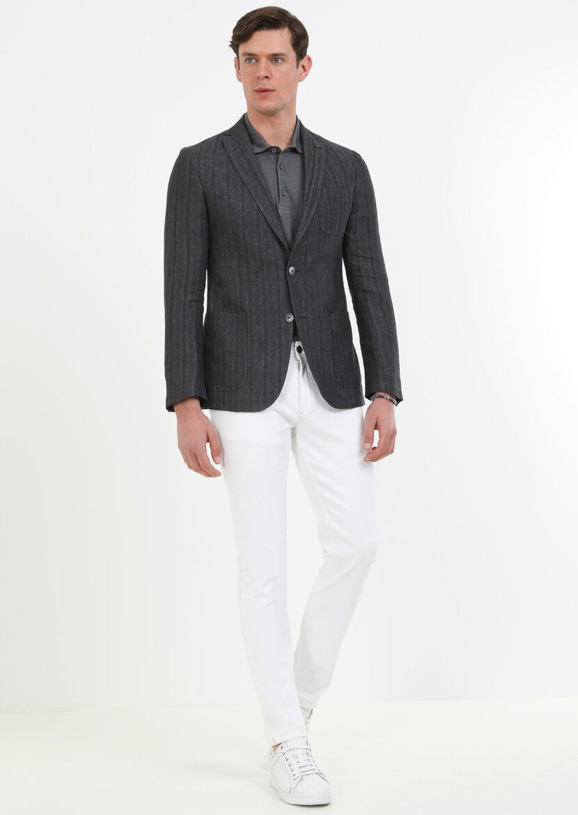 Antrasit Desenli Shirt Shoulder Slim Fit %100 Keten Ceket - 2
