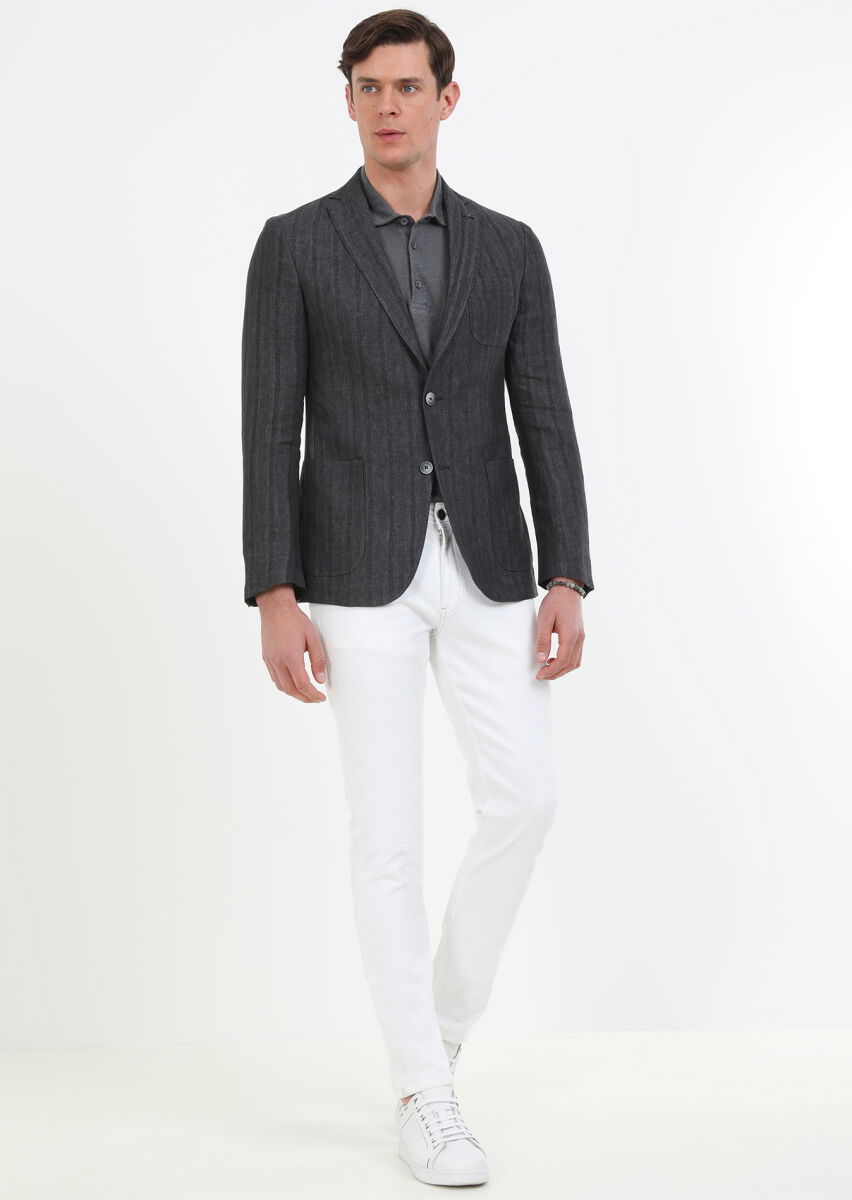 Antrasit Desenli Shirt Shoulder Slim Fit %100 Keten Ceket - 2