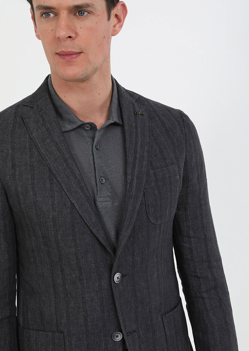 Antrasit Desenli Shirt Shoulder Slim Fit %100 Keten Ceket - 3