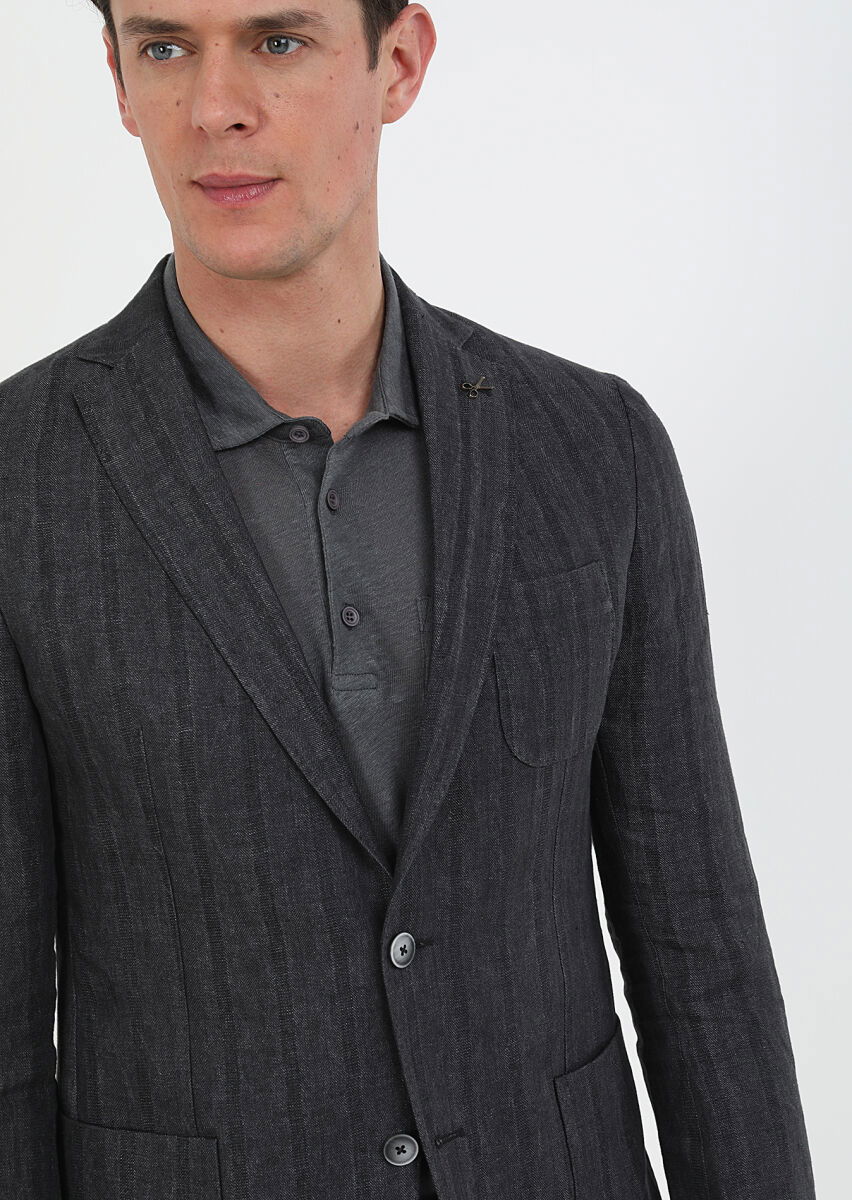 Antrasit Desenli Shirt Shoulder Slim Fit %100 Keten Ceket - 3