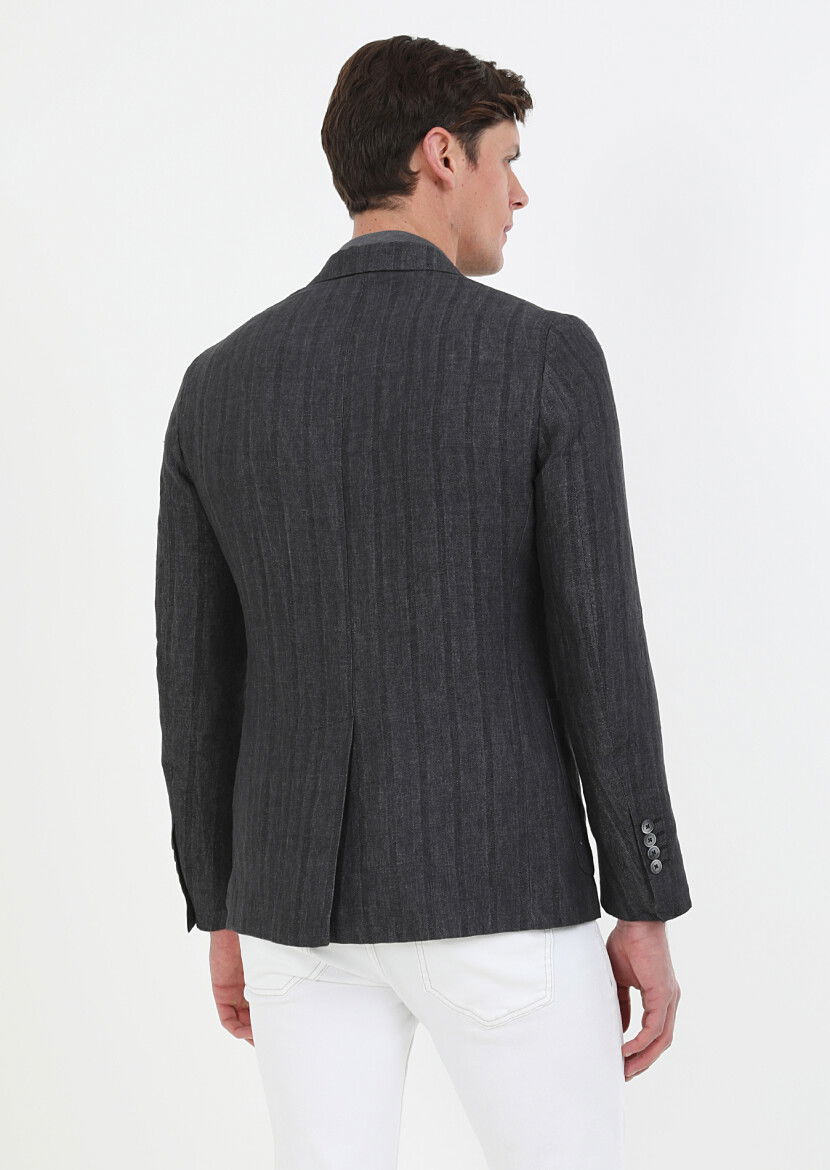 Antrasit Desenli Shirt Shoulder Slim Fit %100 Keten Ceket - 6