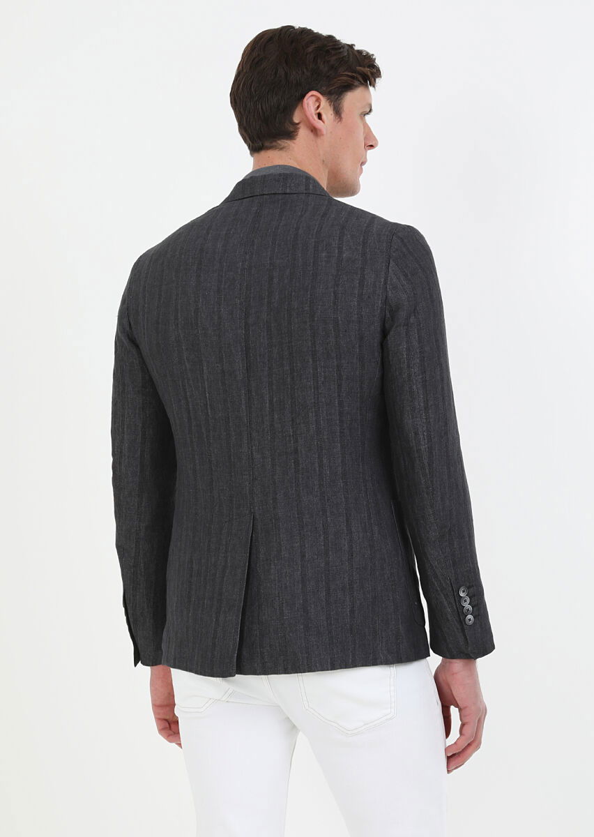 Antrasit Desenli Shirt Shoulder Slim Fit %100 Keten Ceket - 6