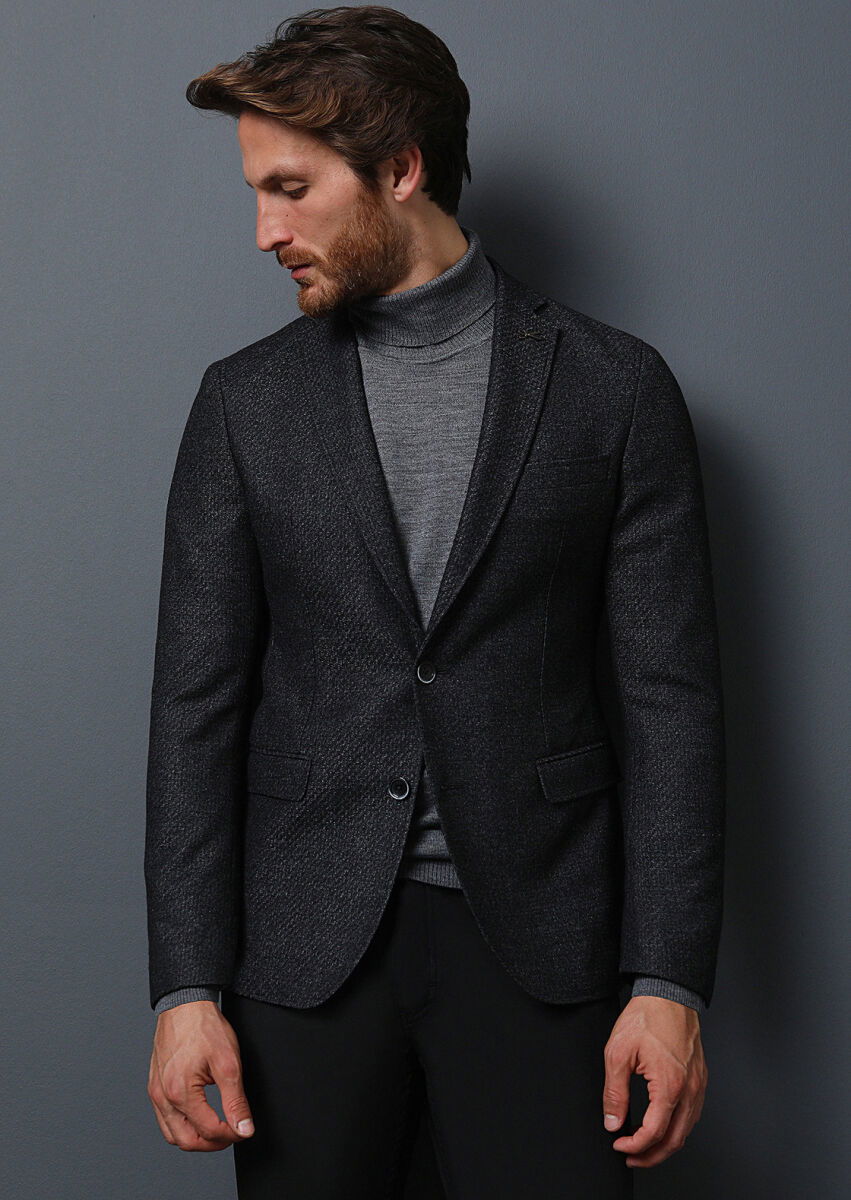 Antrasit Desenli Shirt Shoulder Slim Fit Yün Karışımlı Ceket - 3