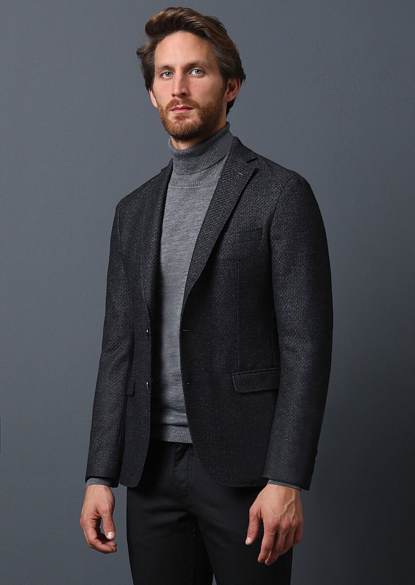 Antrasit Desenli Shirt Shoulder Slim Fit Yün Karışımlı Ceket - 4