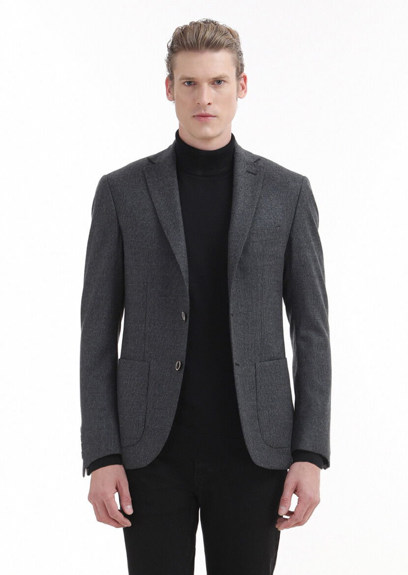 Antrasit Desenli Zeroweight Slim Fit %100 Yün Ceket - 1