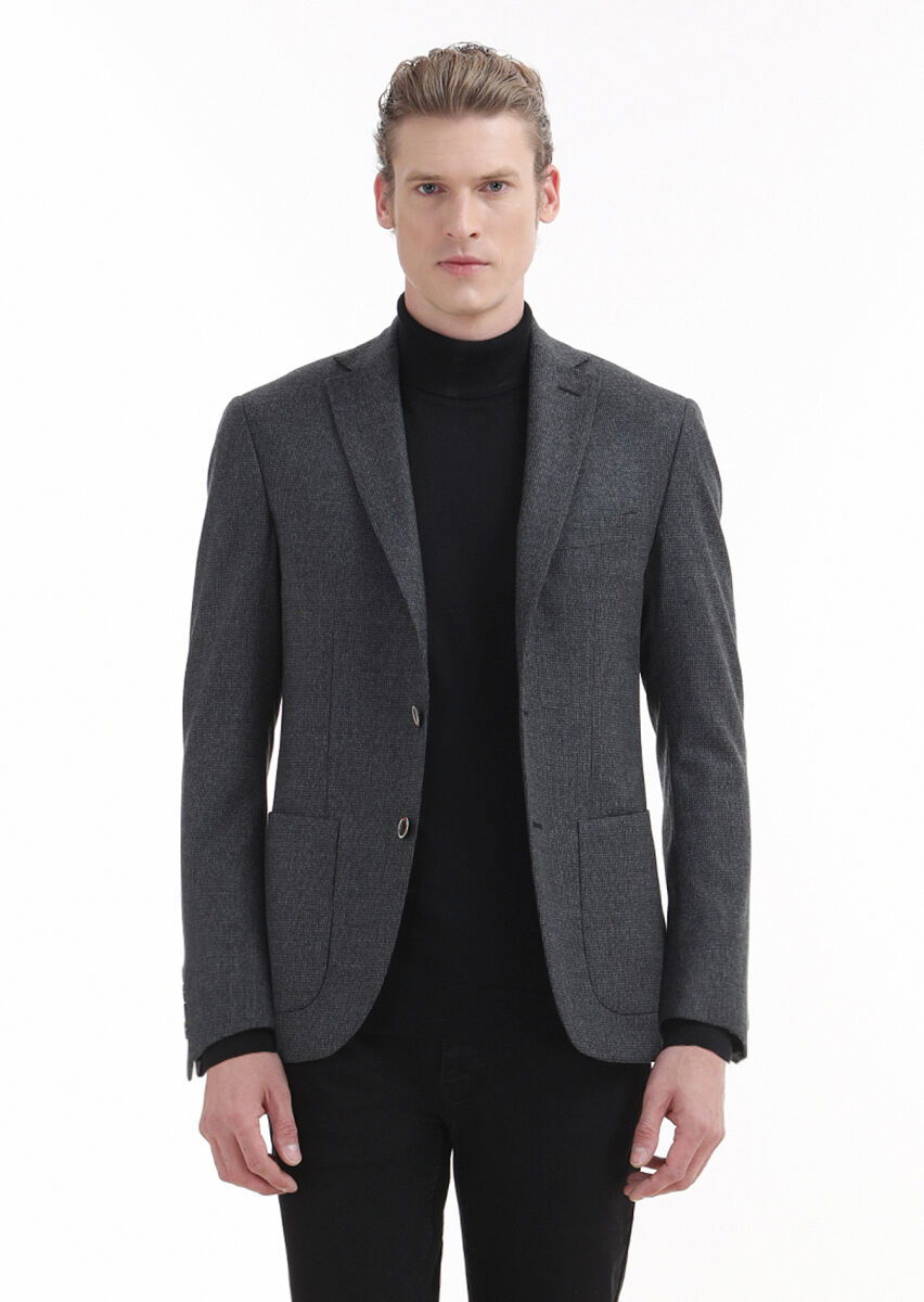 Antrasit Desenli Zeroweight Slim Fit %100 Yün Ceket - 1