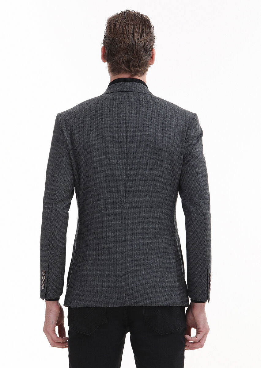 Antrasit Desenli Zeroweight Slim Fit %100 Yün Ceket - 5