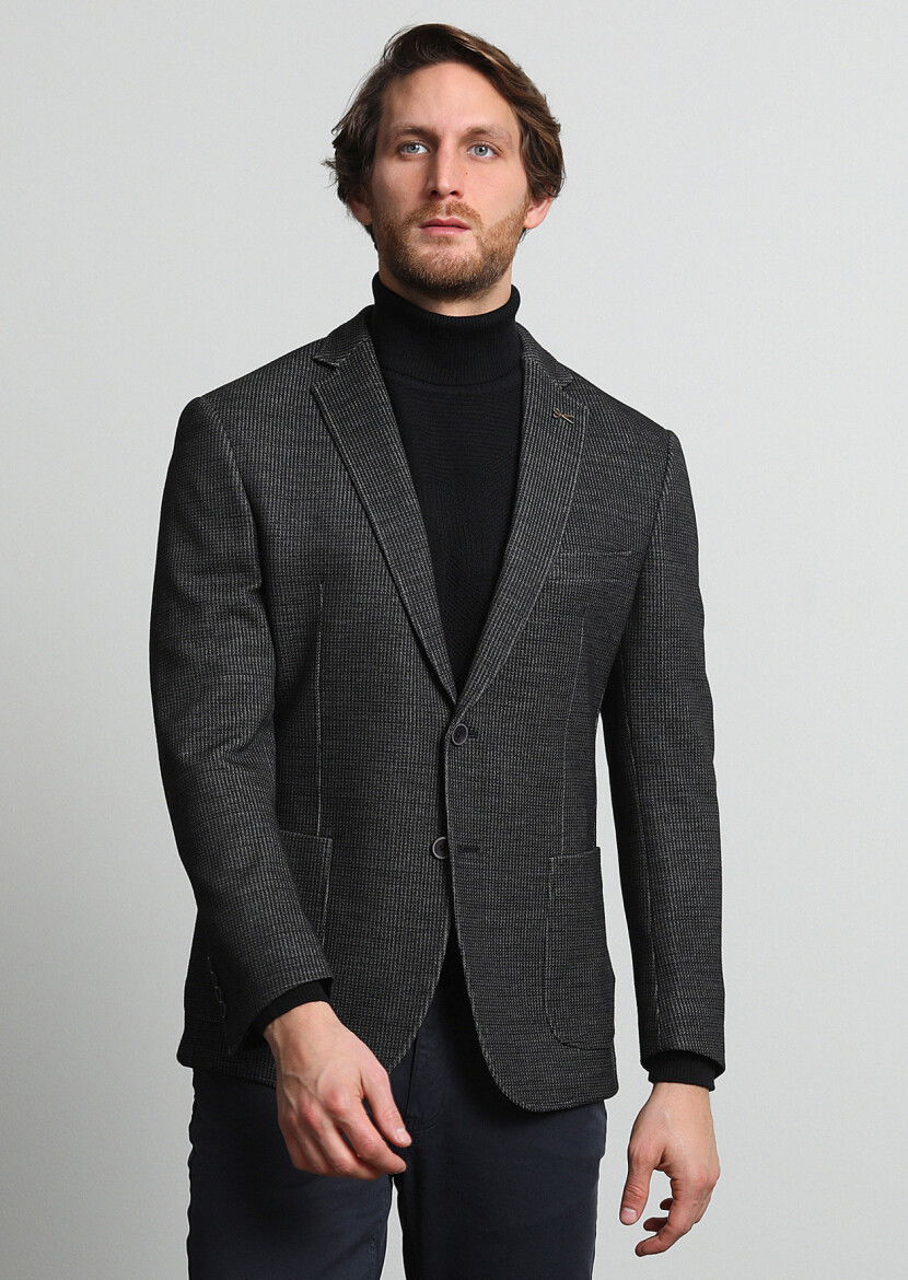 Antrasit Desenli Zeroweight Slim Fit Yün Karışımlı Örme Ceket - 1