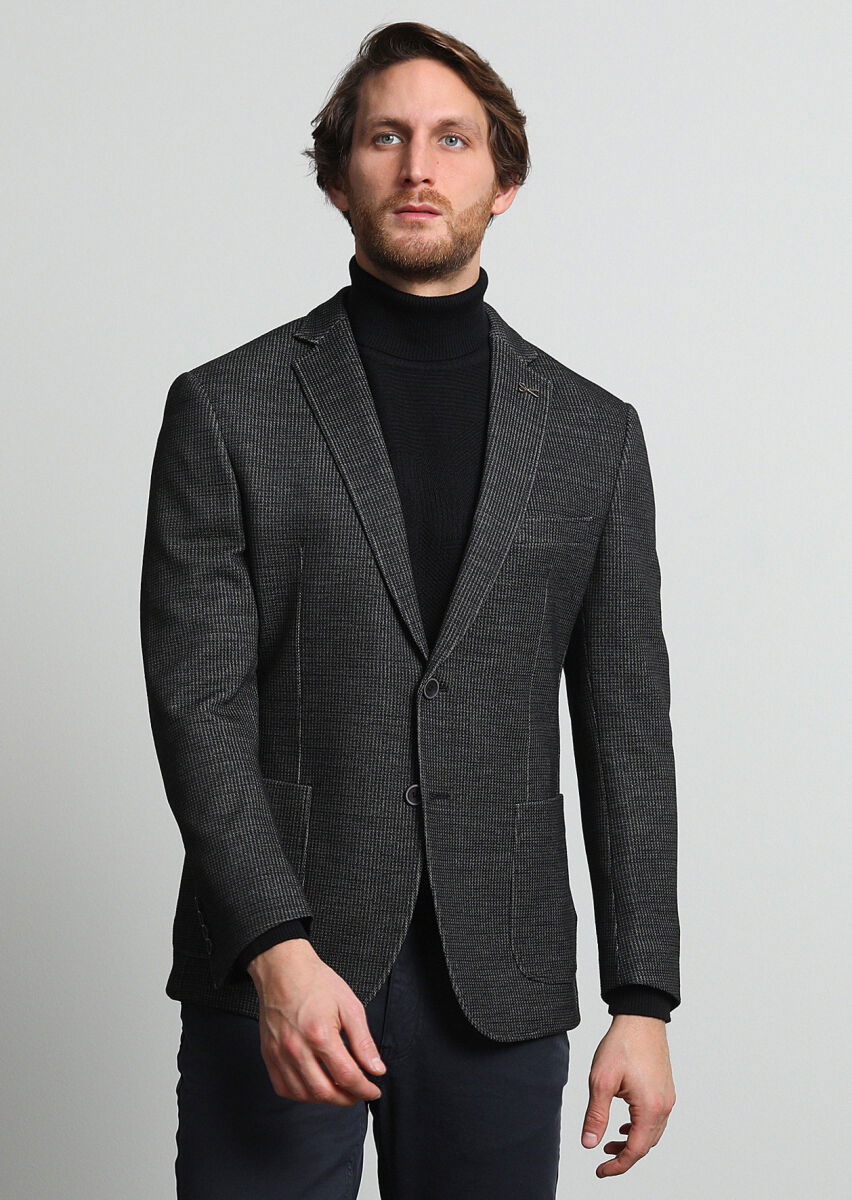Antrasit Desenli Zeroweight Slim Fit Yün Karışımlı Örme Ceket - 1