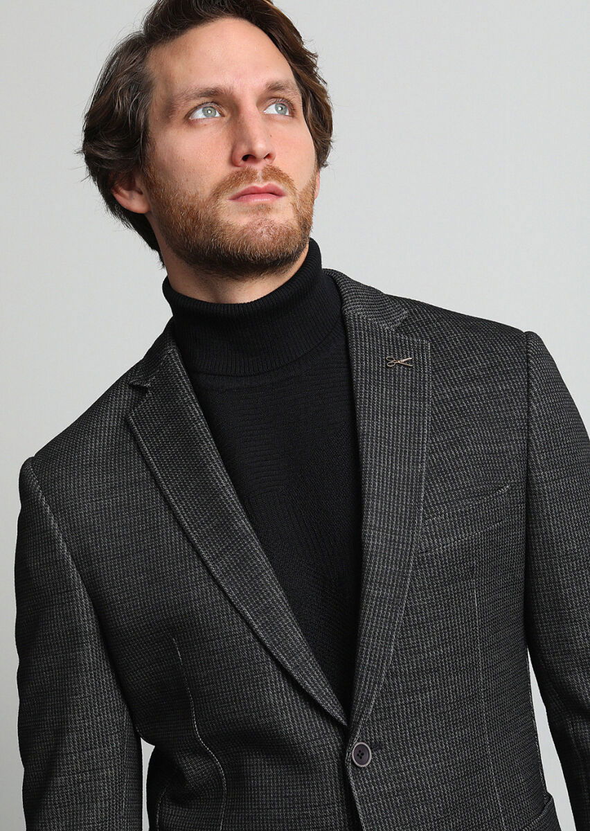 Antrasit Desenli Zeroweight Slim Fit Yün Karışımlı Örme Ceket - 2