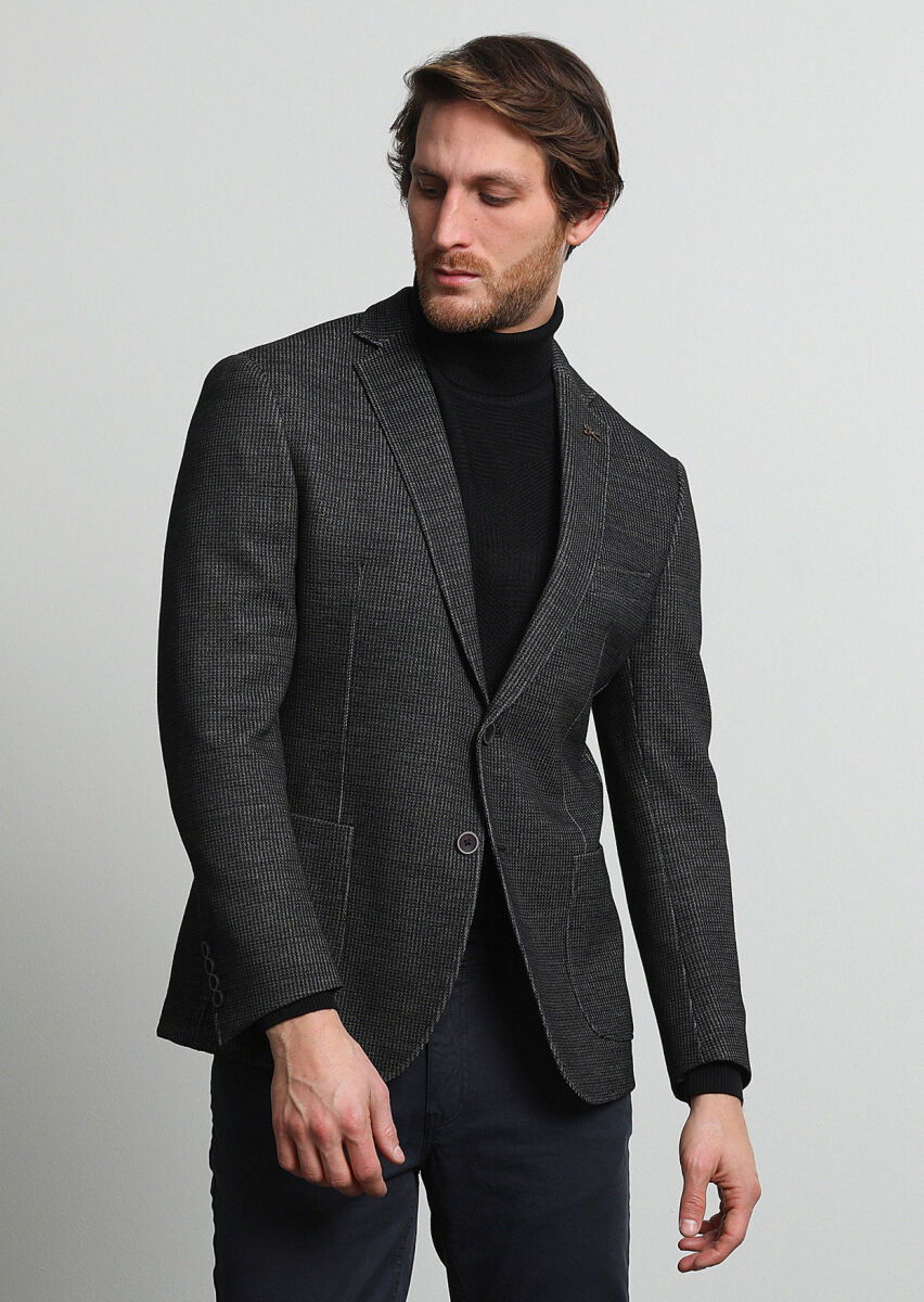 Antrasit Desenli Zeroweight Slim Fit Yün Karışımlı Örme Ceket - 3
