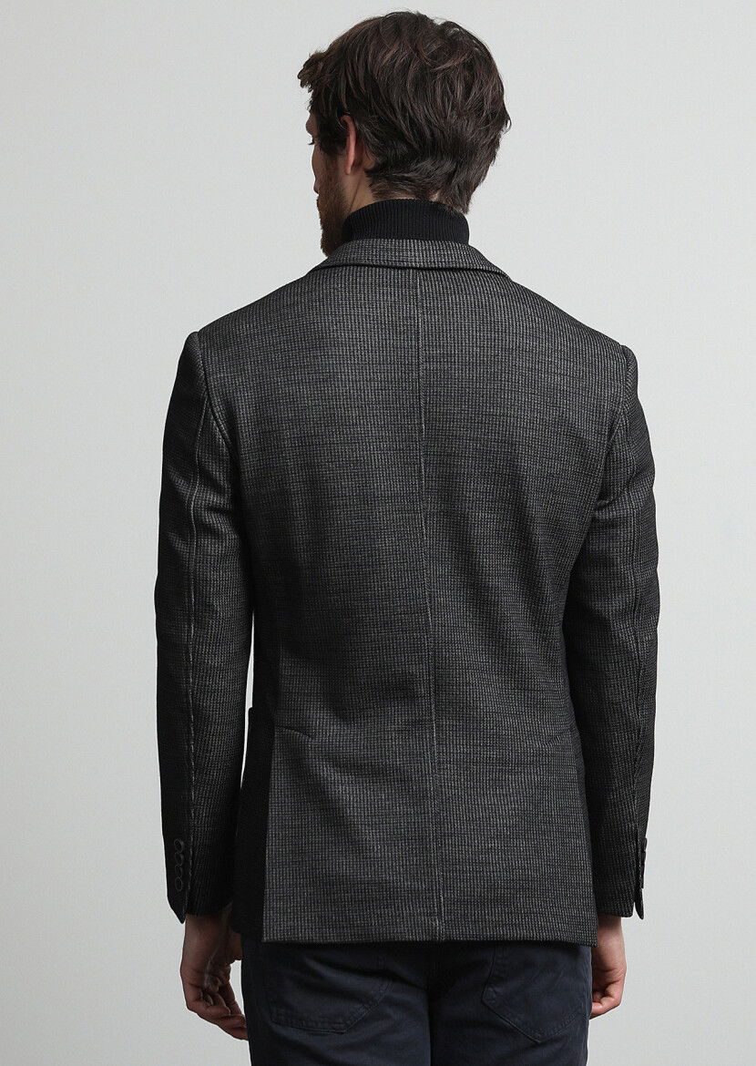 Antrasit Desenli Zeroweight Slim Fit Yün Karışımlı Örme Ceket - 4