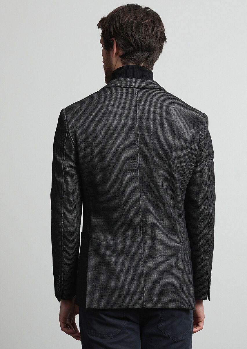 Antrasit Desenli Zeroweight Slim Fit Yün Karışımlı Örme Ceket - 4