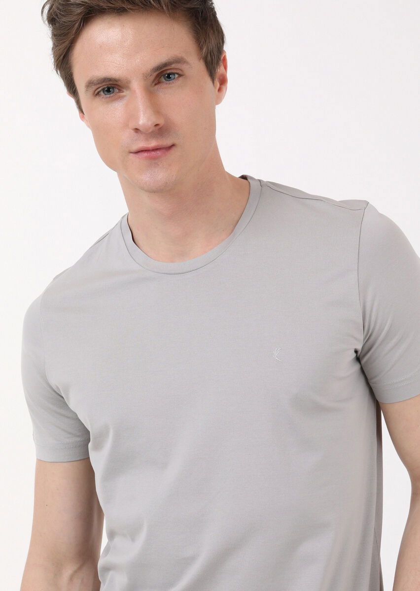 Antrasit Düz Bisiklet Yaka %100 Pamuk T-Shirt - 1