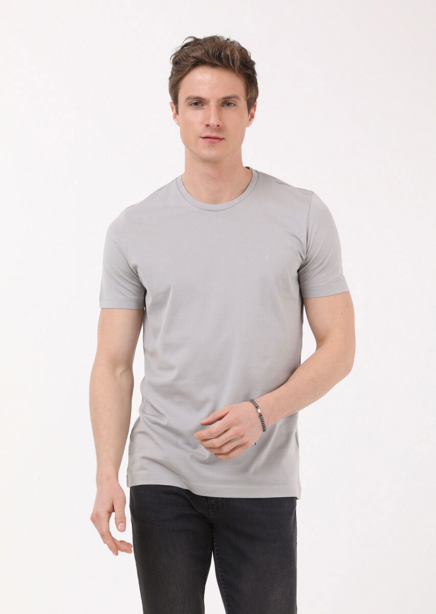 Antrasit Düz Bisiklet Yaka %100 Pamuk T-Shirt - 2