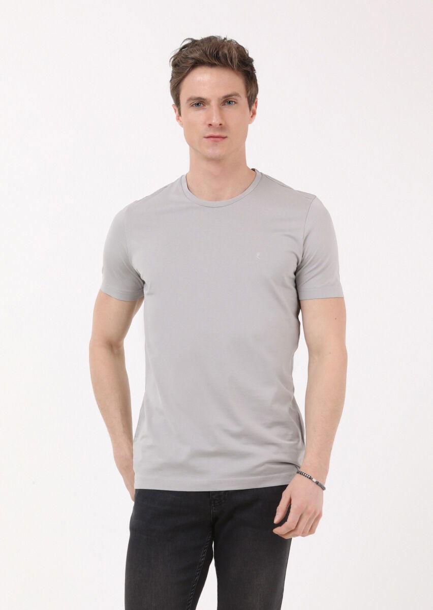 Antrasit Düz Bisiklet Yaka %100 Pamuk T-Shirt - 3