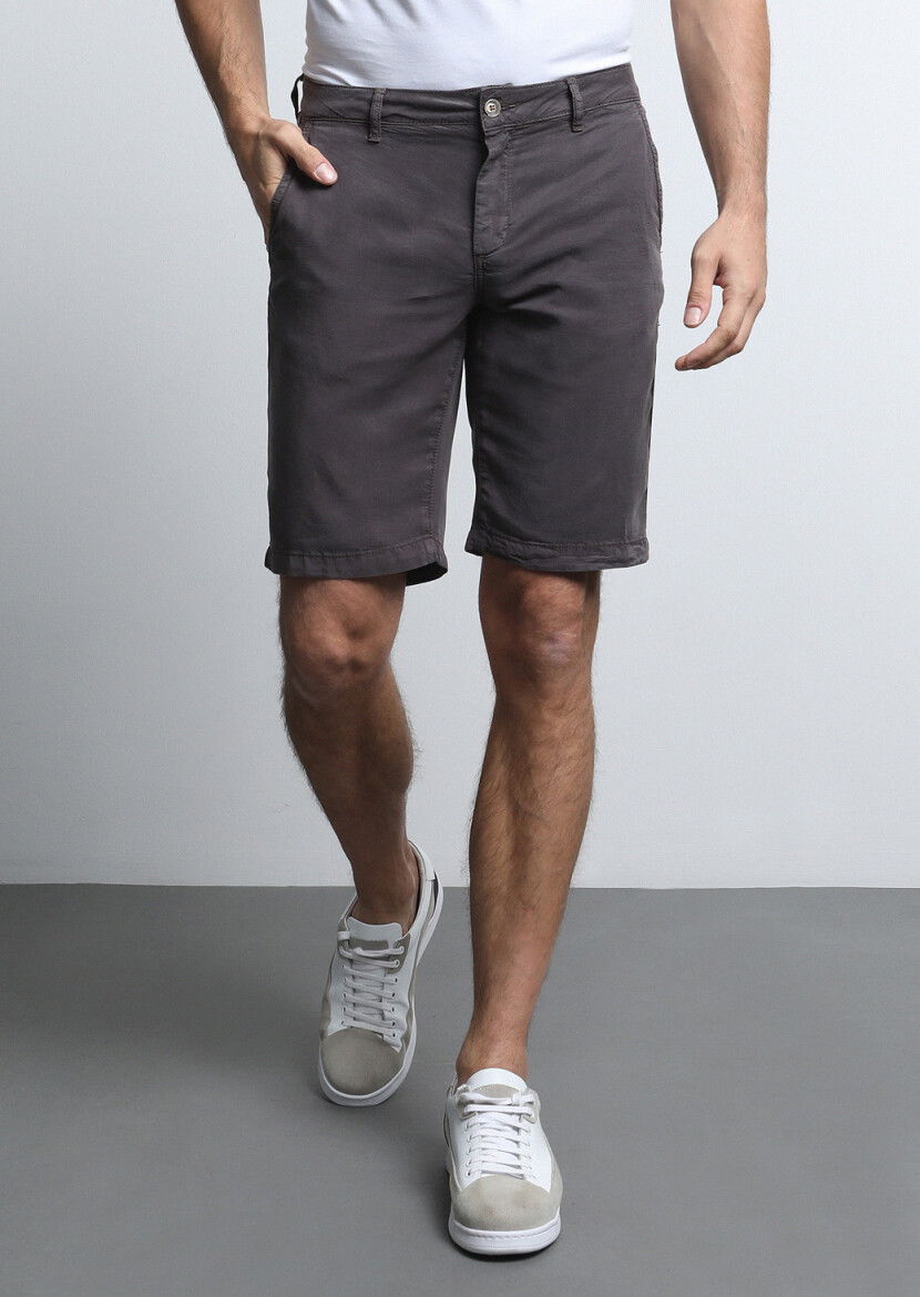 Antrasit Düz Dokuma Regular Fit Casual Bermuda - 1