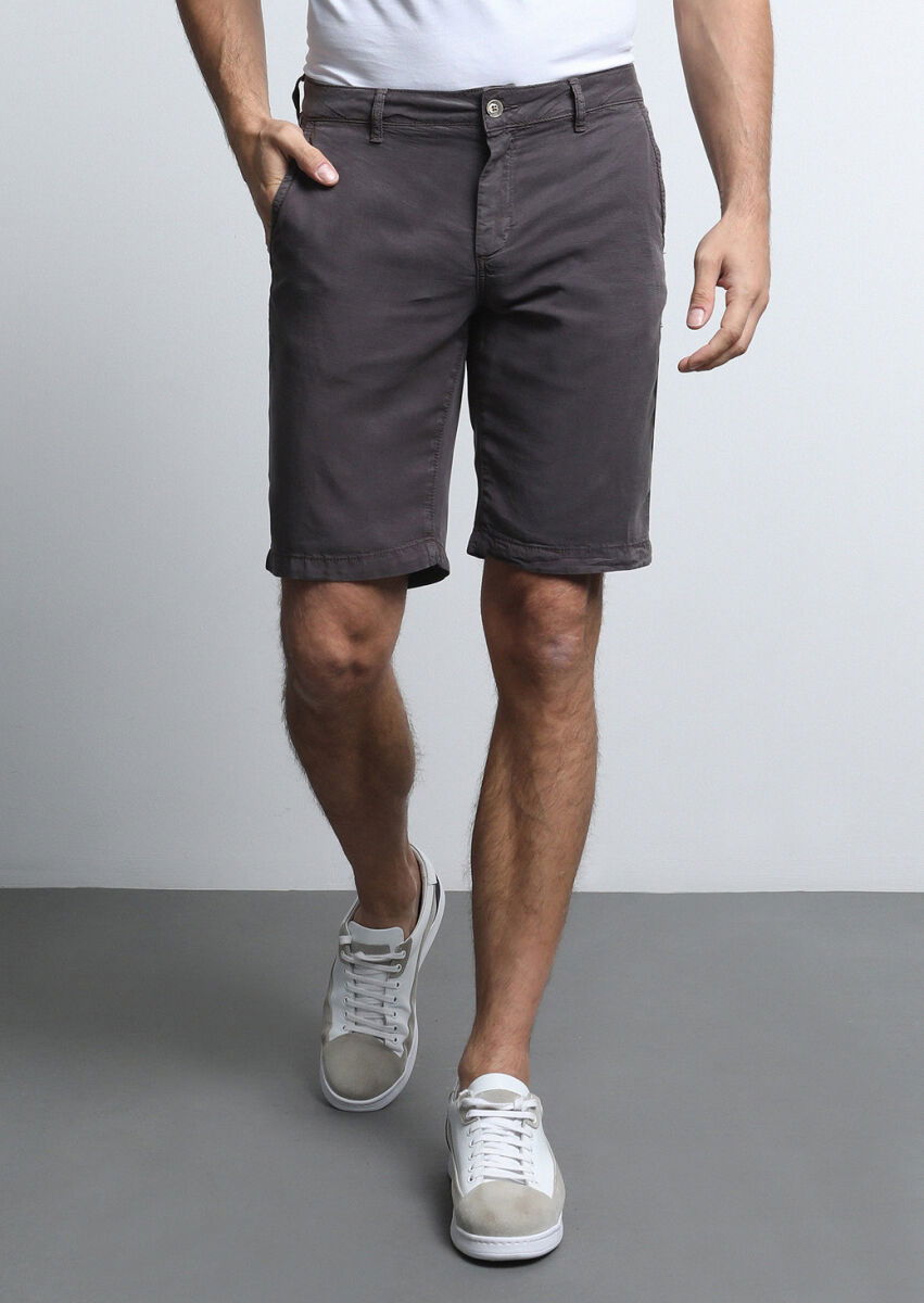 Antrasit Düz Dokuma Regular Fit Casual Bermuda - 1