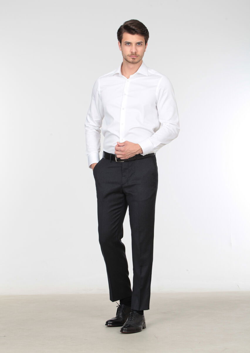 Antrasit Düz Dokuma Regular Fit Klasik %100 Yün Pantolon - 1