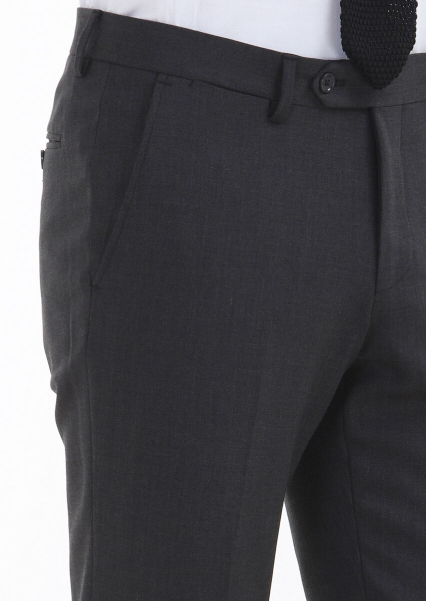 Antrasit Düz Kumaş Modern Fit Klasik Yün Karışımlı Pantolon - 3