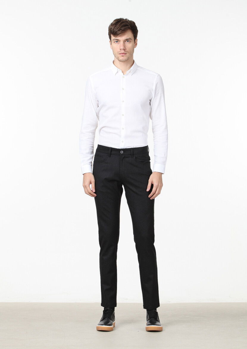 Antrasit Düz Kumaş Slim Fit Casual Yün Karışımlı Pantolon - 1