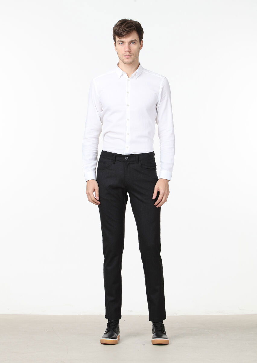 Antrasit Düz Kumaş Slim Fit Casual Yün Karışımlı Pantolon - 1