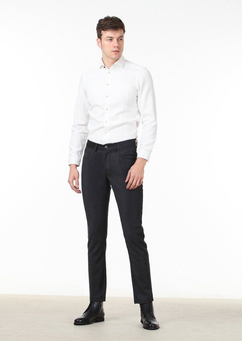 Antrasit Düz Kumaş Slim Fit Casual Yün Karışımlı Pantolon - 1