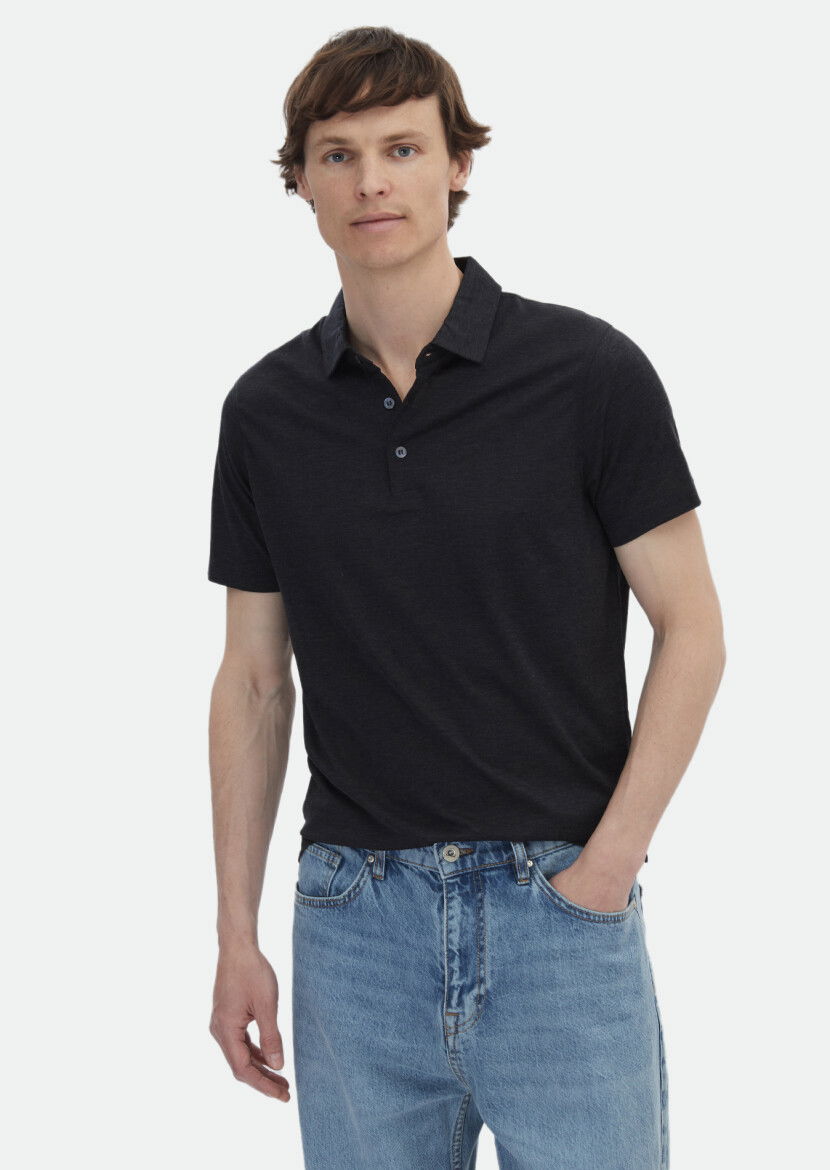 Antrasit Düz Polo Yaka İpek Karışımlı T-Shirt 