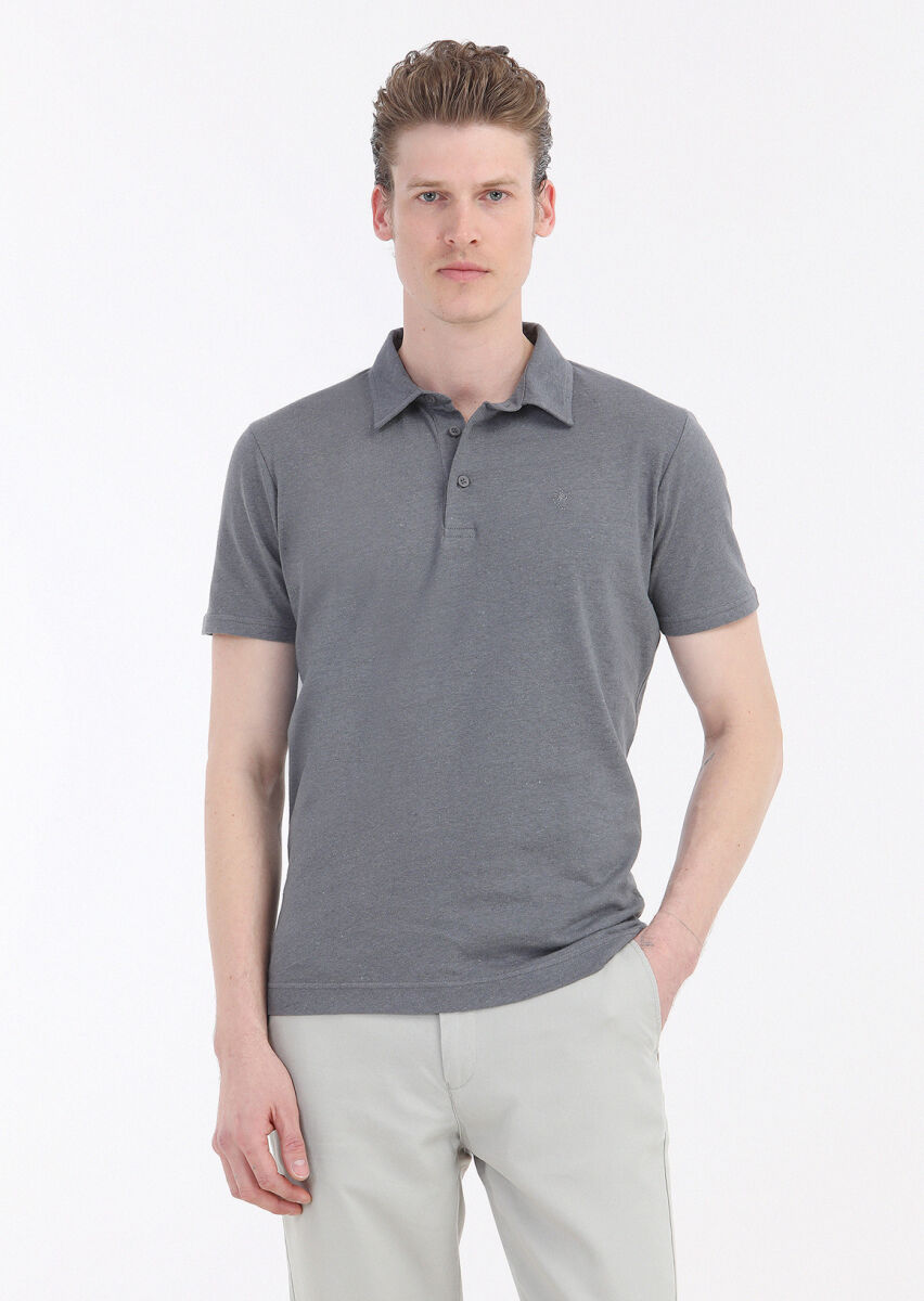 Antrasit Düz Polo Yaka Pamuk Karışımlı T-Shirt - 2