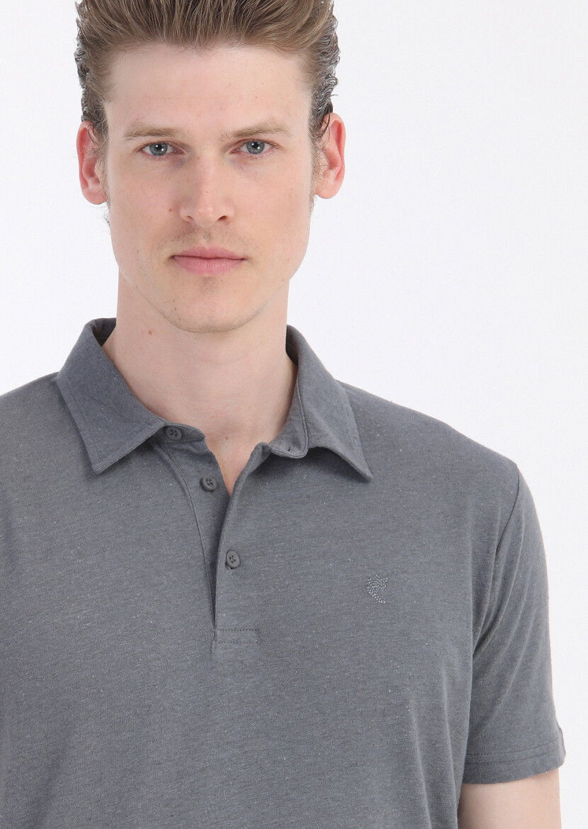 Antrasit Düz Polo Yaka Pamuk Karışımlı T-Shirt - 4