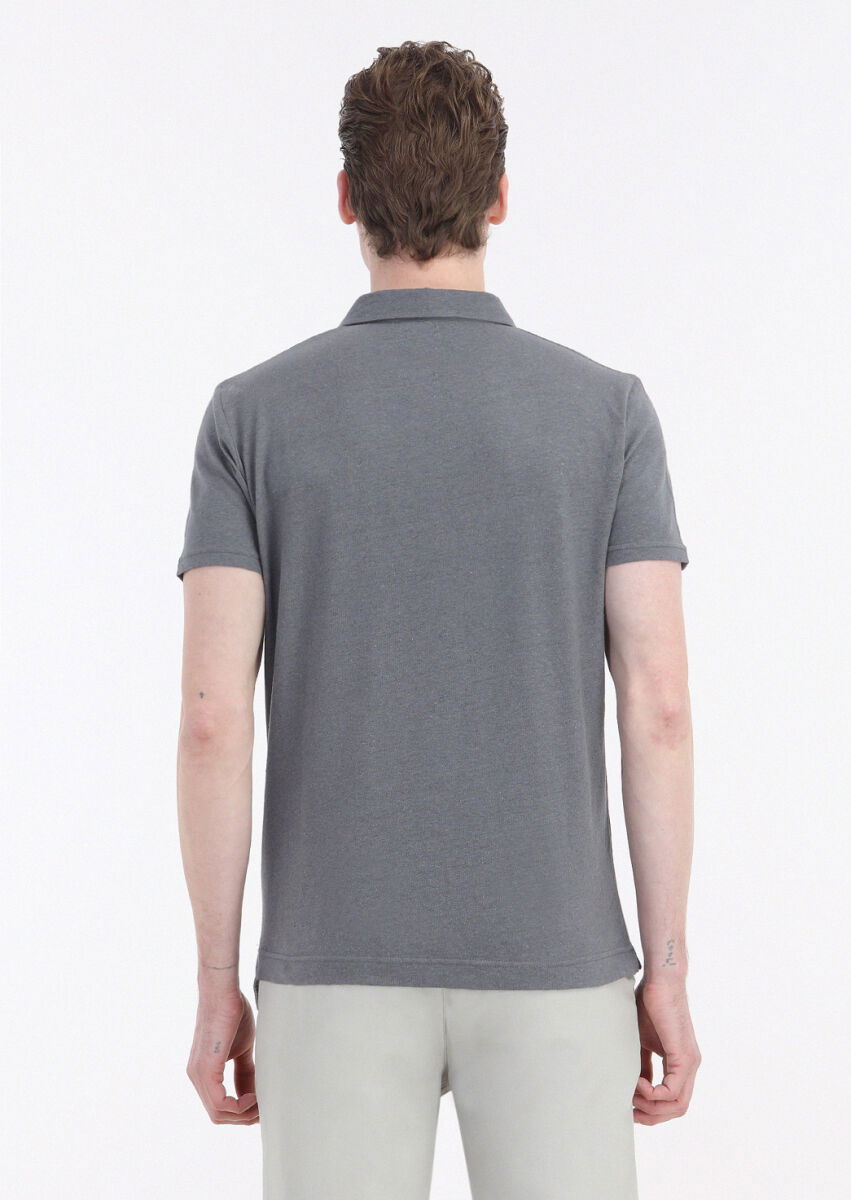 Antrasit Düz Polo Yaka Pamuk Karışımlı T-Shirt - 5