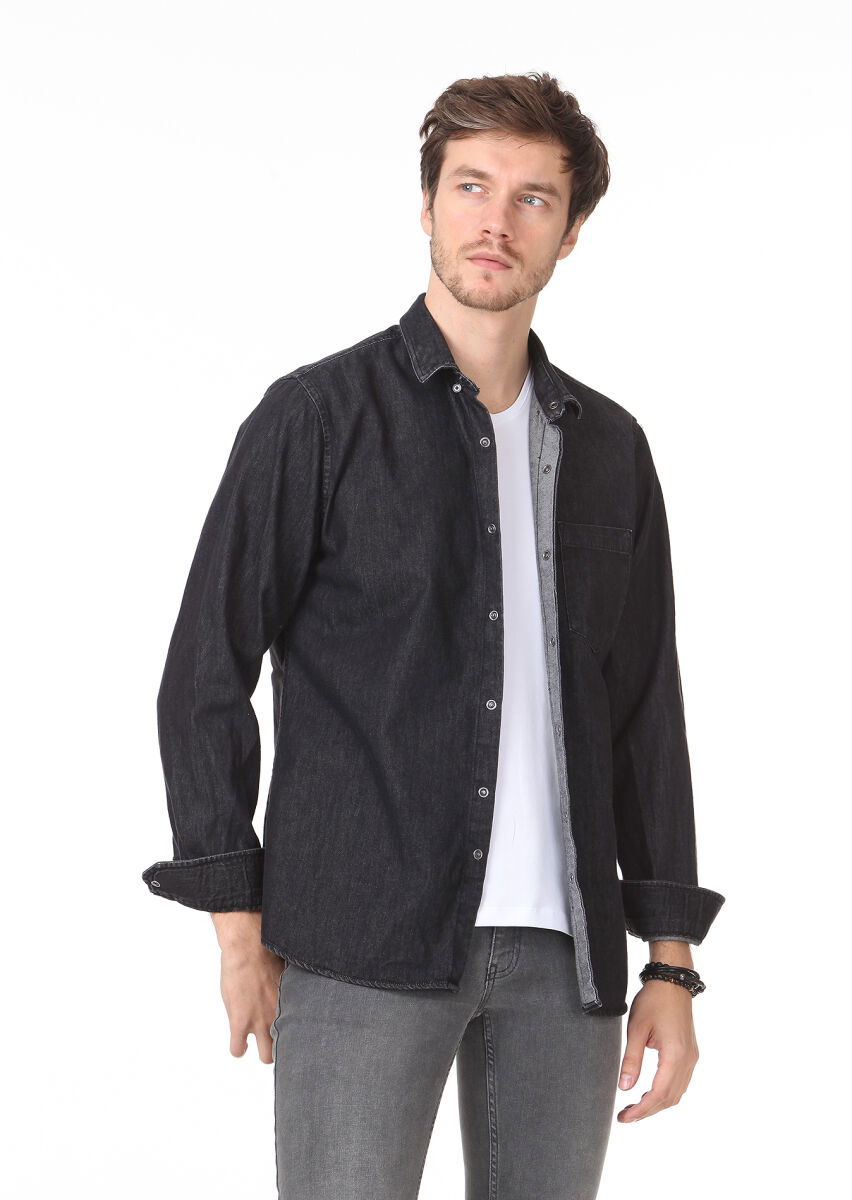 Antrasit Düz Regular Fit Dokuma Casual %100 Pamuk Gömlek - 1