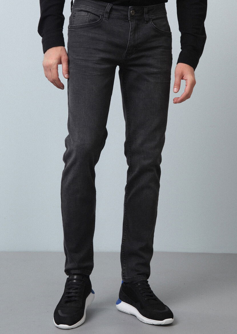Antrasit Düz Slim Fit Denim Pamuk Karışımlı Pantolon - 1