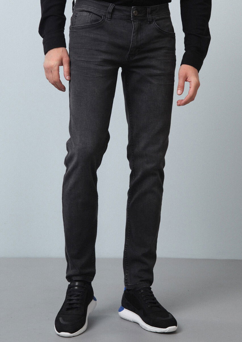 Antrasit Düz Slim Fit Denim Pamuk Karışımlı Pantolon - 1
