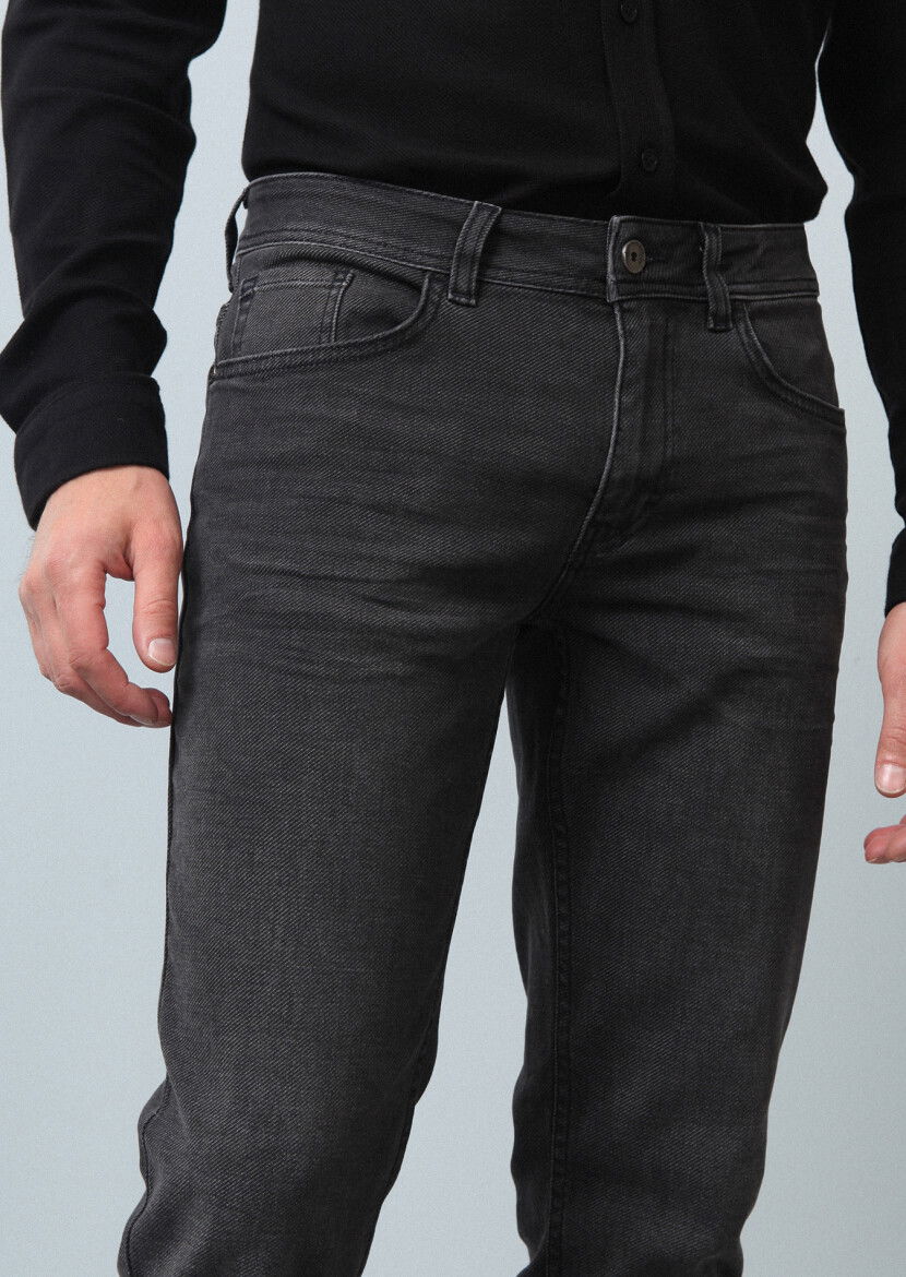 Antrasit Düz Slim Fit Denim Pamuk Karışımlı Pantolon - 2